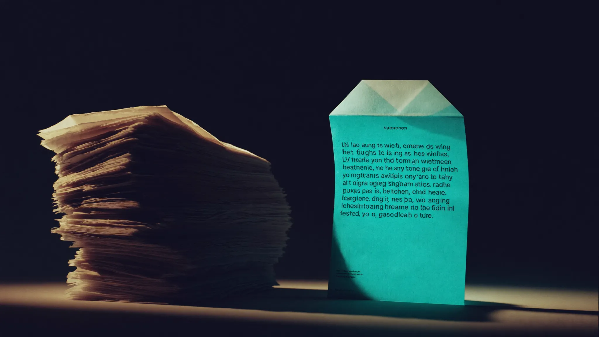 Un biglietto breve illuminato accanto a una pila di fogli: la prima cold email corta che batte il muro di testo