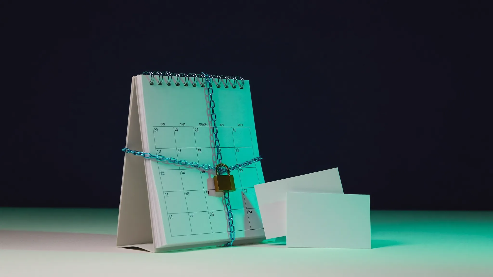 Calendario chiuso da una catena e due cartoncini con orari proposti: l'alternativa al link calendario nella cold email