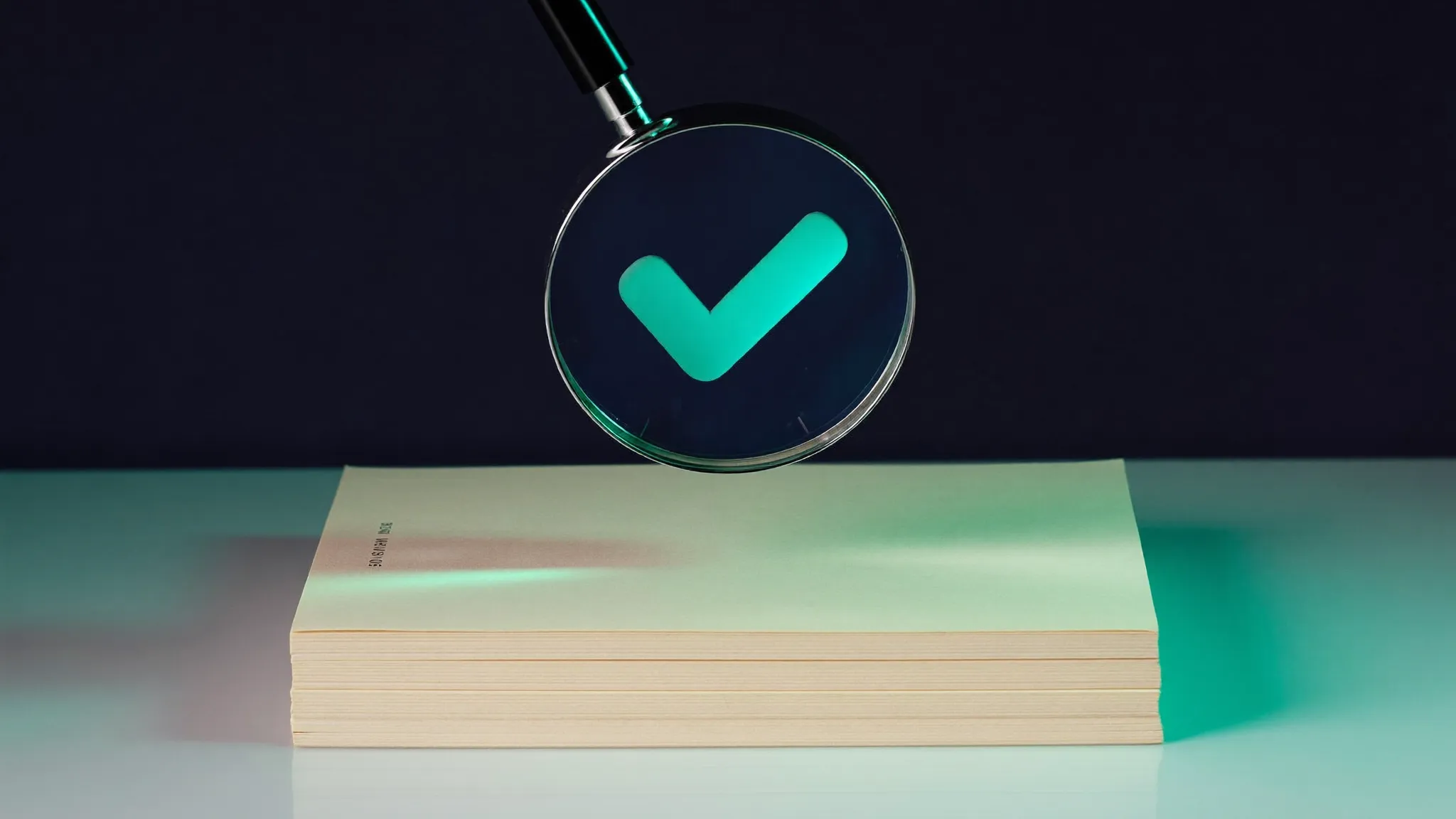Lente d'ingrandimento con spunta teal su una risma di fogli: scegliere l'agenzia di lead generation giusta