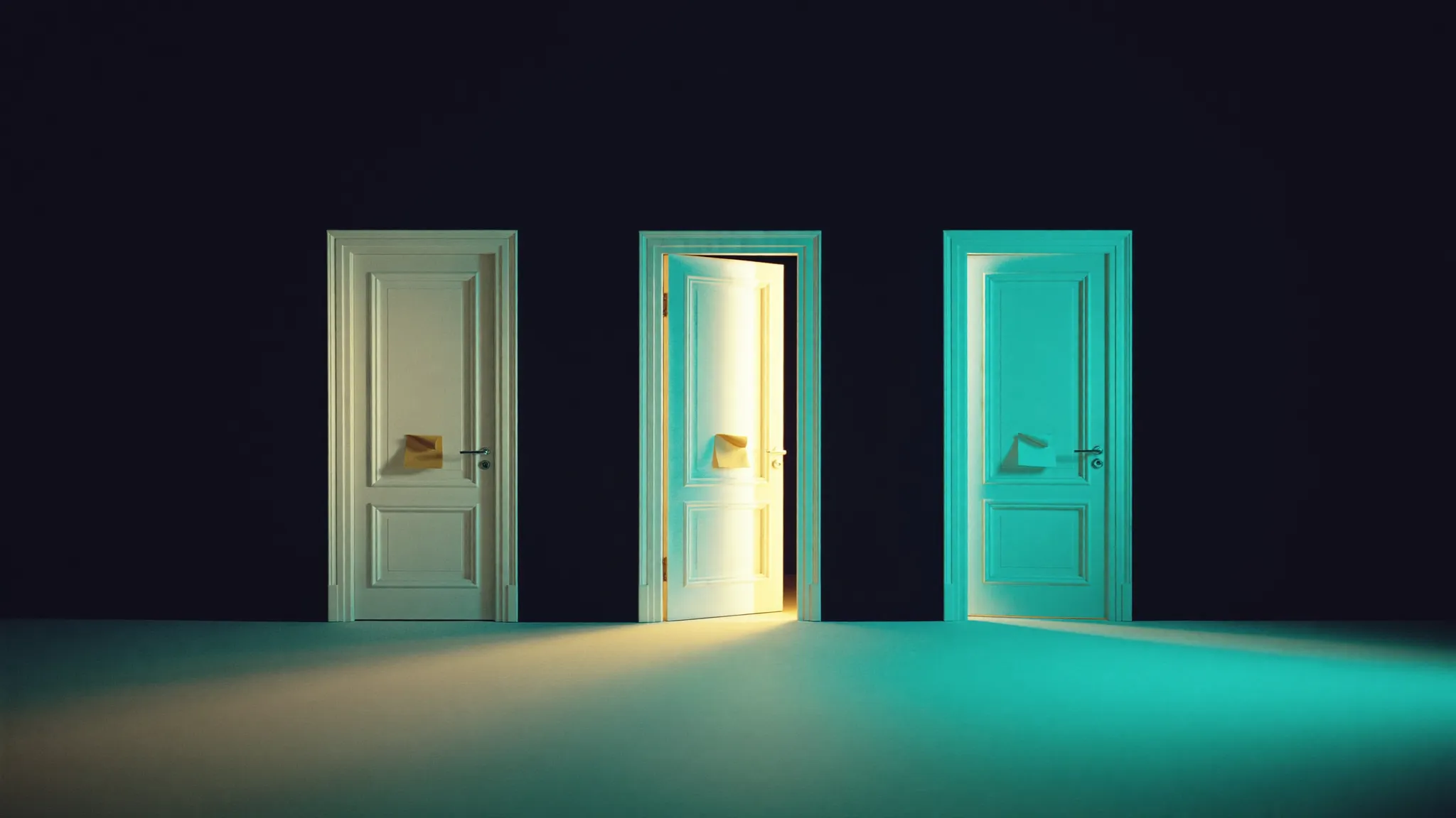 Tre porte con biglietti alle soglie, una aperta: scrivere a 3-4 decisori della stessa azienda in parallelo